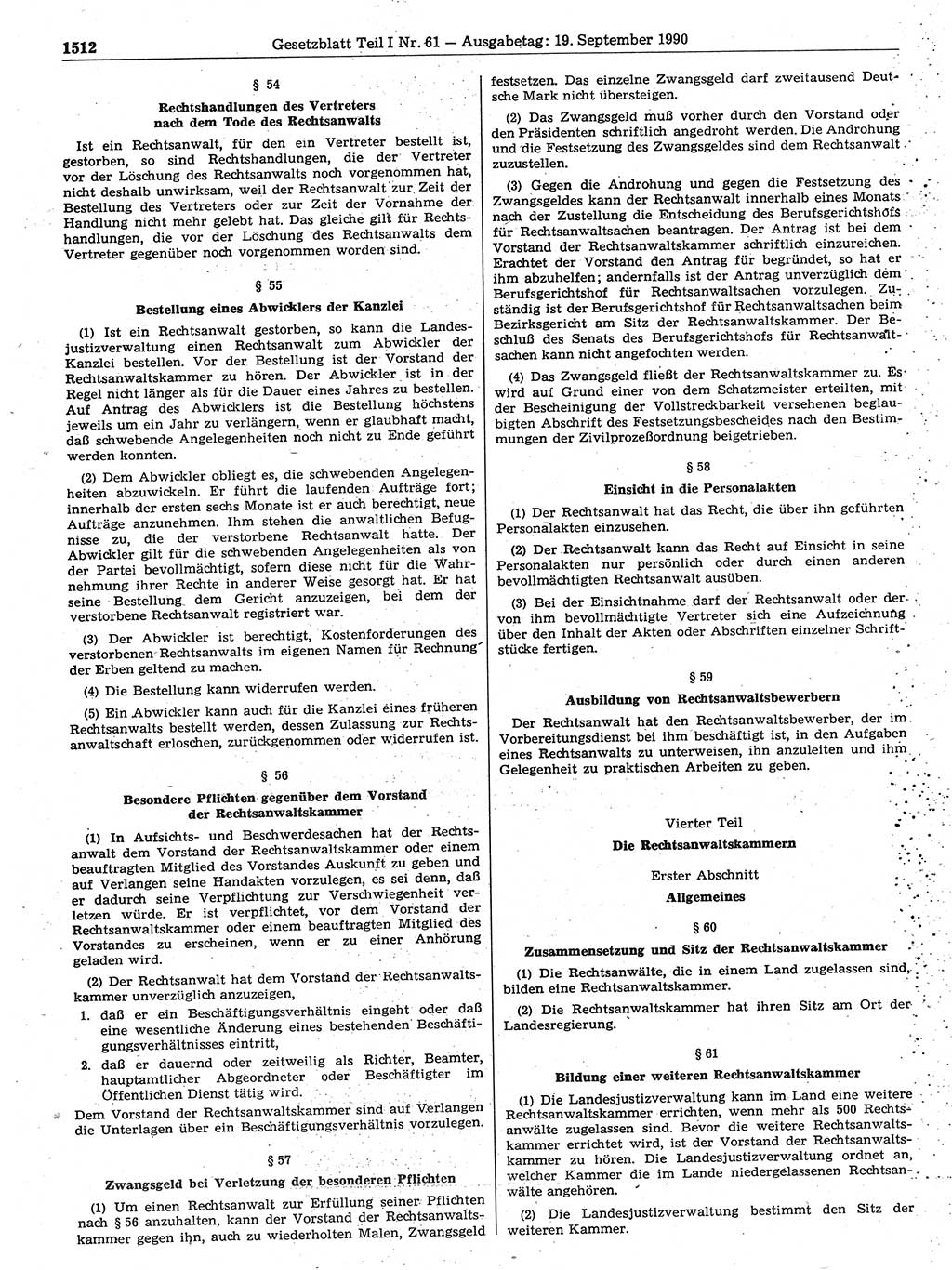 Gesetzblatt (GBl.) der Deutschen Demokratischen Republik (DDR) Teil Ⅰ 1990, Seite 1512 (GBl. DDR Ⅰ 1990, S. 1512)