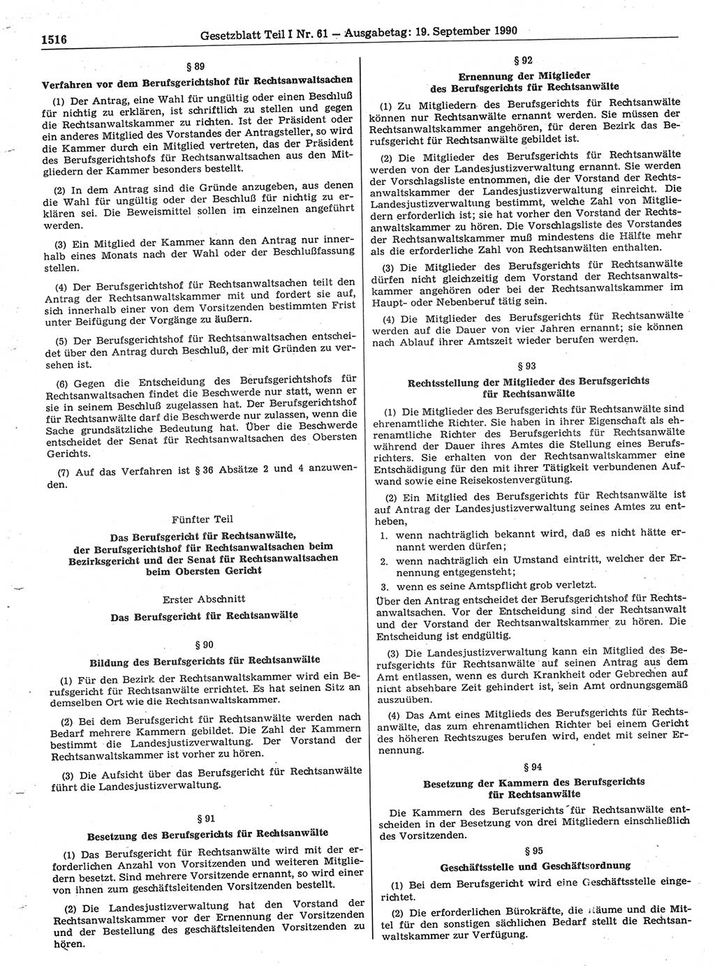 Gesetzblatt (GBl.) der Deutschen Demokratischen Republik (DDR) Teil Ⅰ 1990, Seite 1516 (GBl. DDR Ⅰ 1990, S. 1516)