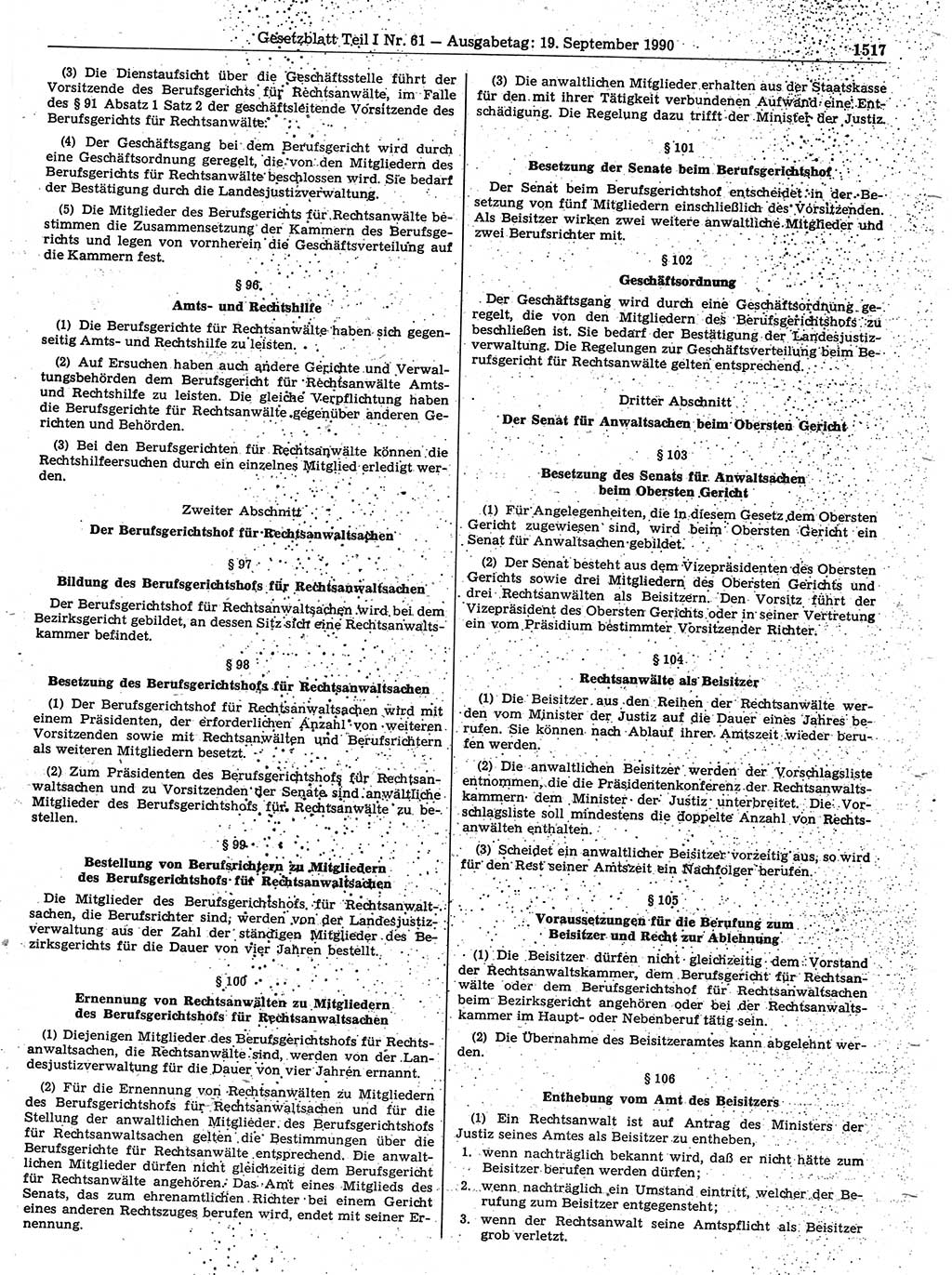 Gesetzblatt (GBl.) der Deutschen Demokratischen Republik (DDR) Teil Ⅰ 1990, Seite 1517 (GBl. DDR Ⅰ 1990, S. 1517)