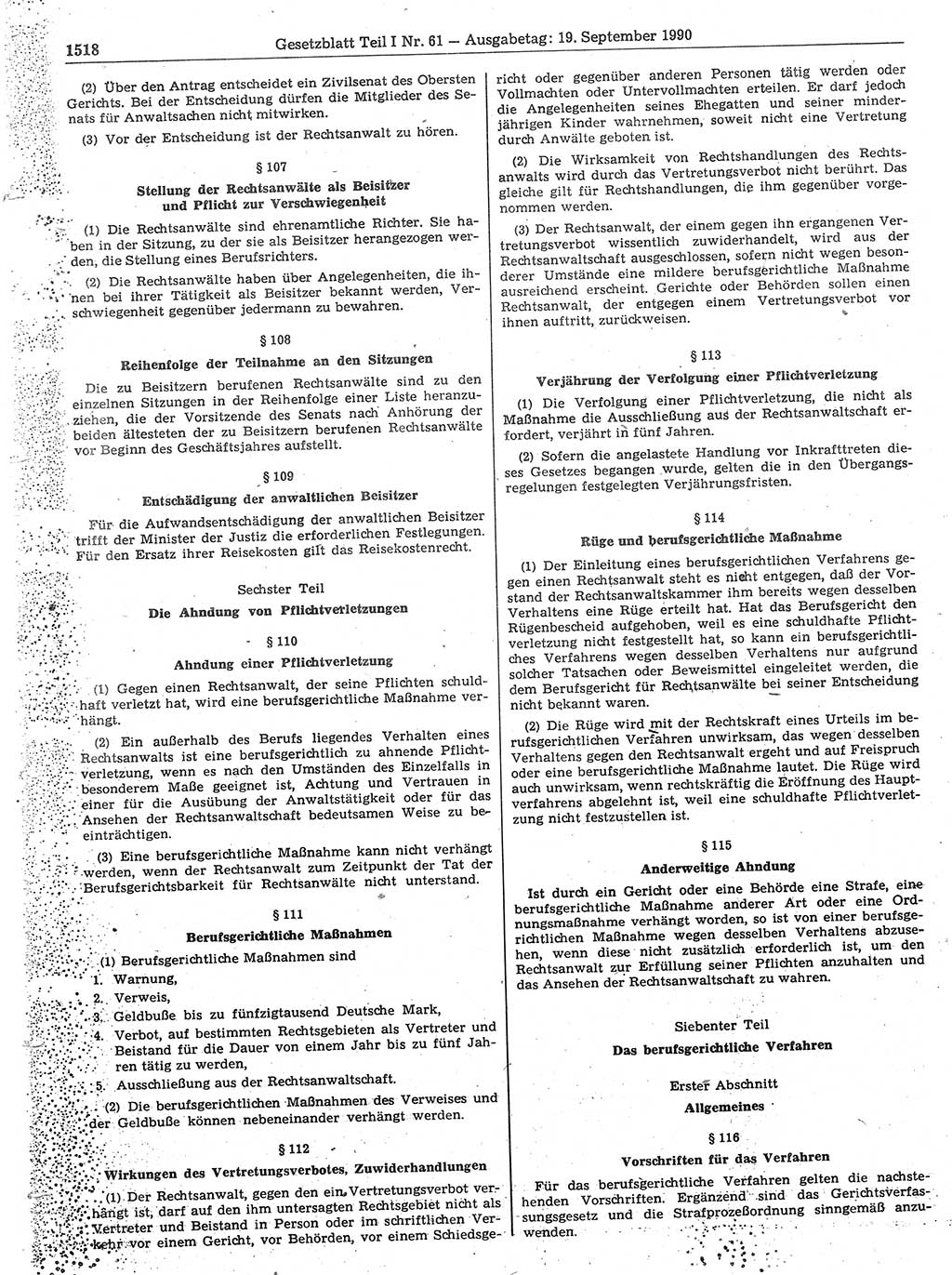 Gesetzblatt (GBl.) der Deutschen Demokratischen Republik (DDR) Teil Ⅰ 1990, Seite 1518 (GBl. DDR Ⅰ 1990, S. 1518)
