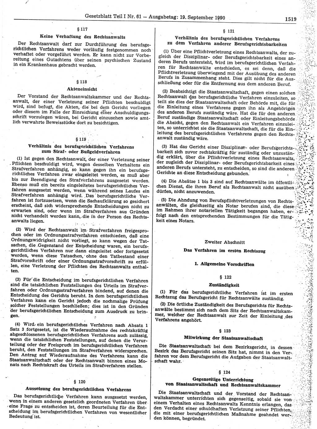 Gesetzblatt (GBl.) der Deutschen Demokratischen Republik (DDR) Teil Ⅰ 1990, Seite 1519 (GBl. DDR Ⅰ 1990, S. 1519)