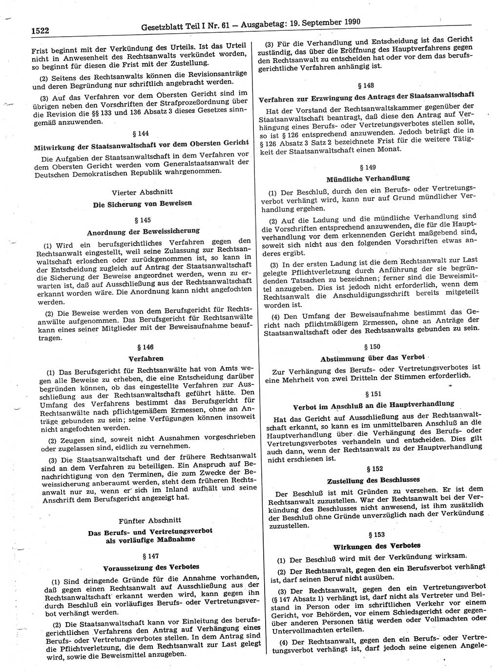 Gesetzblatt (GBl.) der Deutschen Demokratischen Republik (DDR) Teil Ⅰ 1990, Seite 1522 (GBl. DDR Ⅰ 1990, S. 1522)