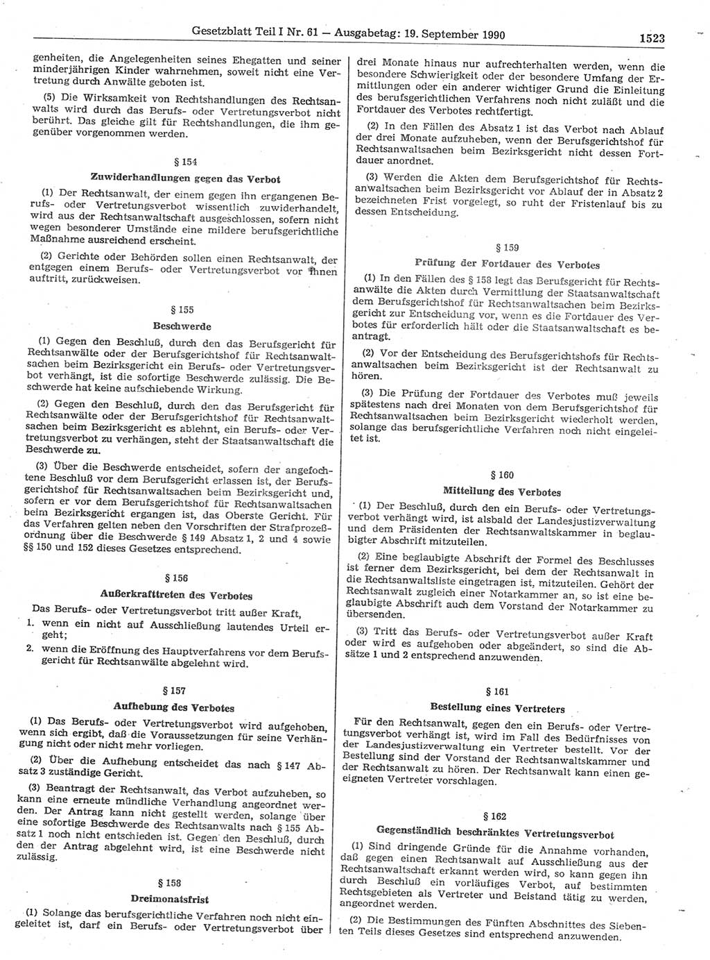 Gesetzblatt (GBl.) der Deutschen Demokratischen Republik (DDR) Teil Ⅰ 1990, Seite 1523 (GBl. DDR Ⅰ 1990, S. 1523)