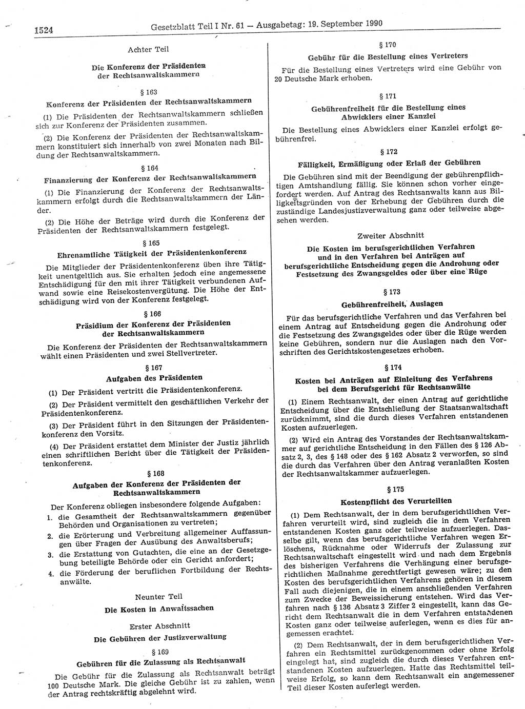Gesetzblatt (GBl.) der Deutschen Demokratischen Republik (DDR) Teil Ⅰ 1990, Seite 1524 (GBl. DDR Ⅰ 1990, S. 1524)