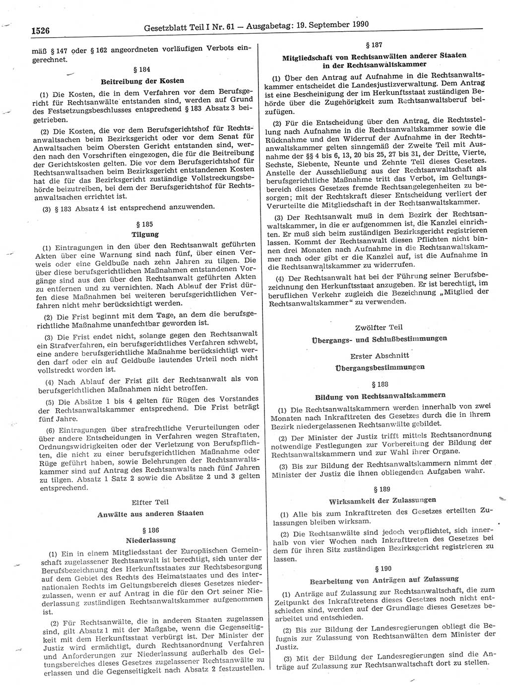 Gesetzblatt (GBl.) der Deutschen Demokratischen Republik (DDR) Teil Ⅰ 1990, Seite 1526 (GBl. DDR Ⅰ 1990, S. 1526)