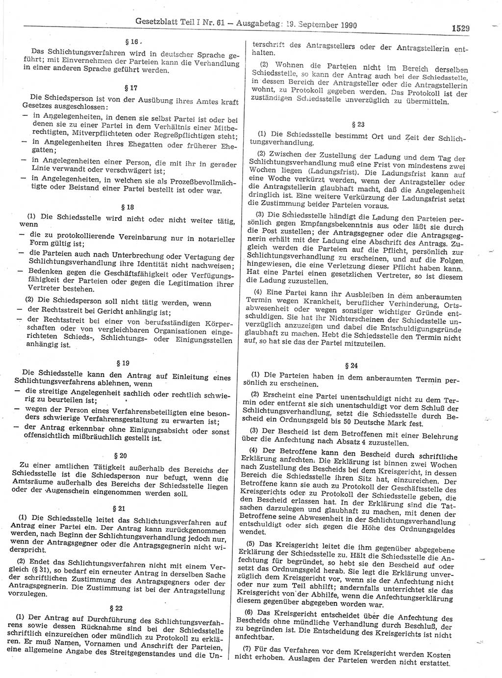 Gesetzblatt (GBl.) der Deutschen Demokratischen Republik (DDR) Teil Ⅰ 1990, Seite 1529 (GBl. DDR Ⅰ 1990, S. 1529)