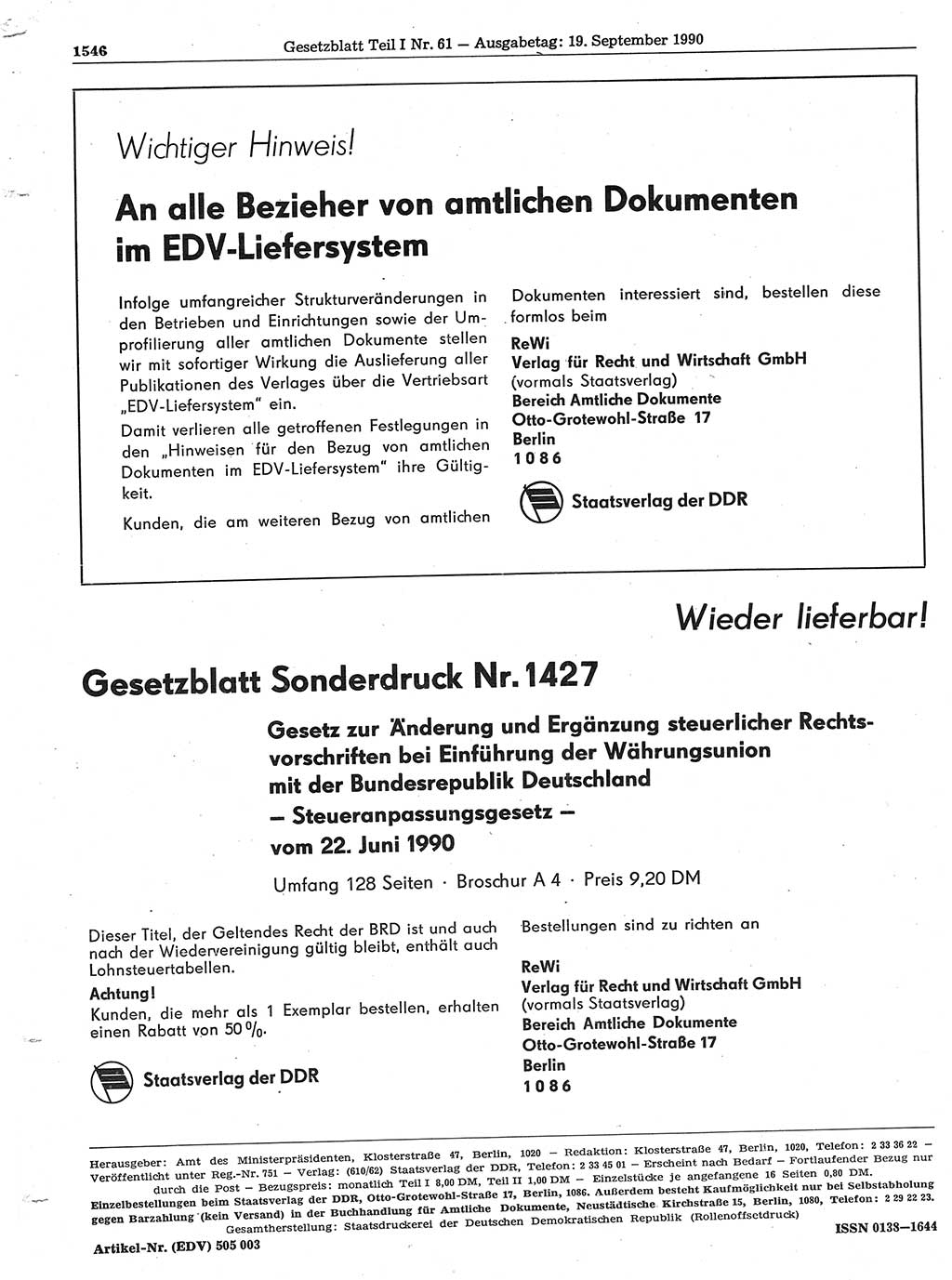 Gesetzblatt (GBl.) der Deutschen Demokratischen Republik (DDR) Teil Ⅰ 1990, Seite 1546 (GBl. DDR Ⅰ 1990, S. 1546)