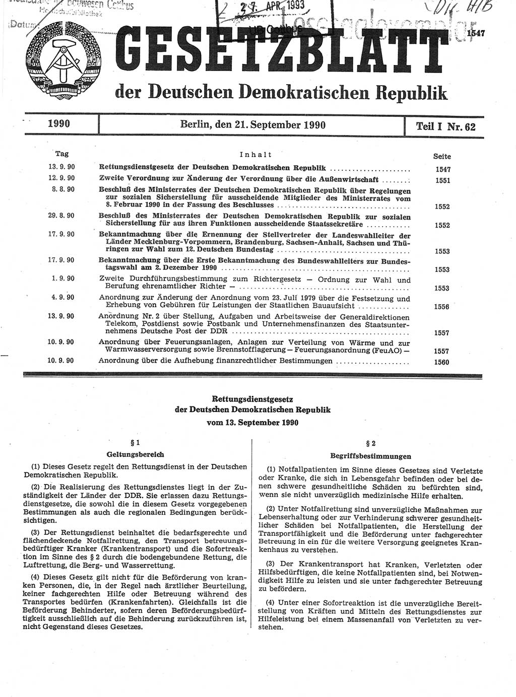 Gesetzblatt (GBl.) der Deutschen Demokratischen Republik (DDR) Teil Ⅰ 1990, Seite 1547 (GBl. DDR Ⅰ 1990, S. 1547)