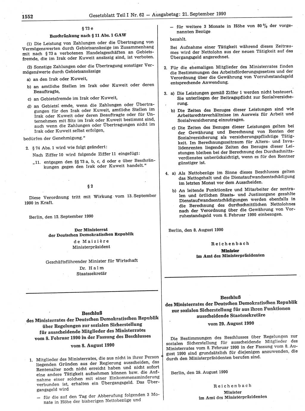 Gesetzblatt (GBl.) der Deutschen Demokratischen Republik (DDR) Teil Ⅰ 1990, Seite 1552 (GBl. DDR Ⅰ 1990, S. 1552)
