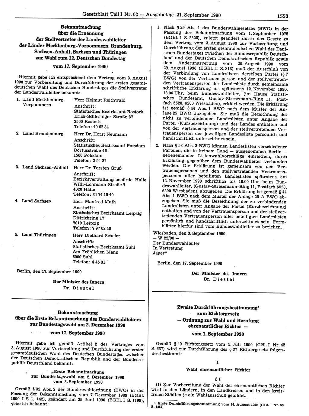Gesetzblatt (GBl.) der Deutschen Demokratischen Republik (DDR) Teil Ⅰ 1990, Seite 1553 (GBl. DDR Ⅰ 1990, S. 1553)