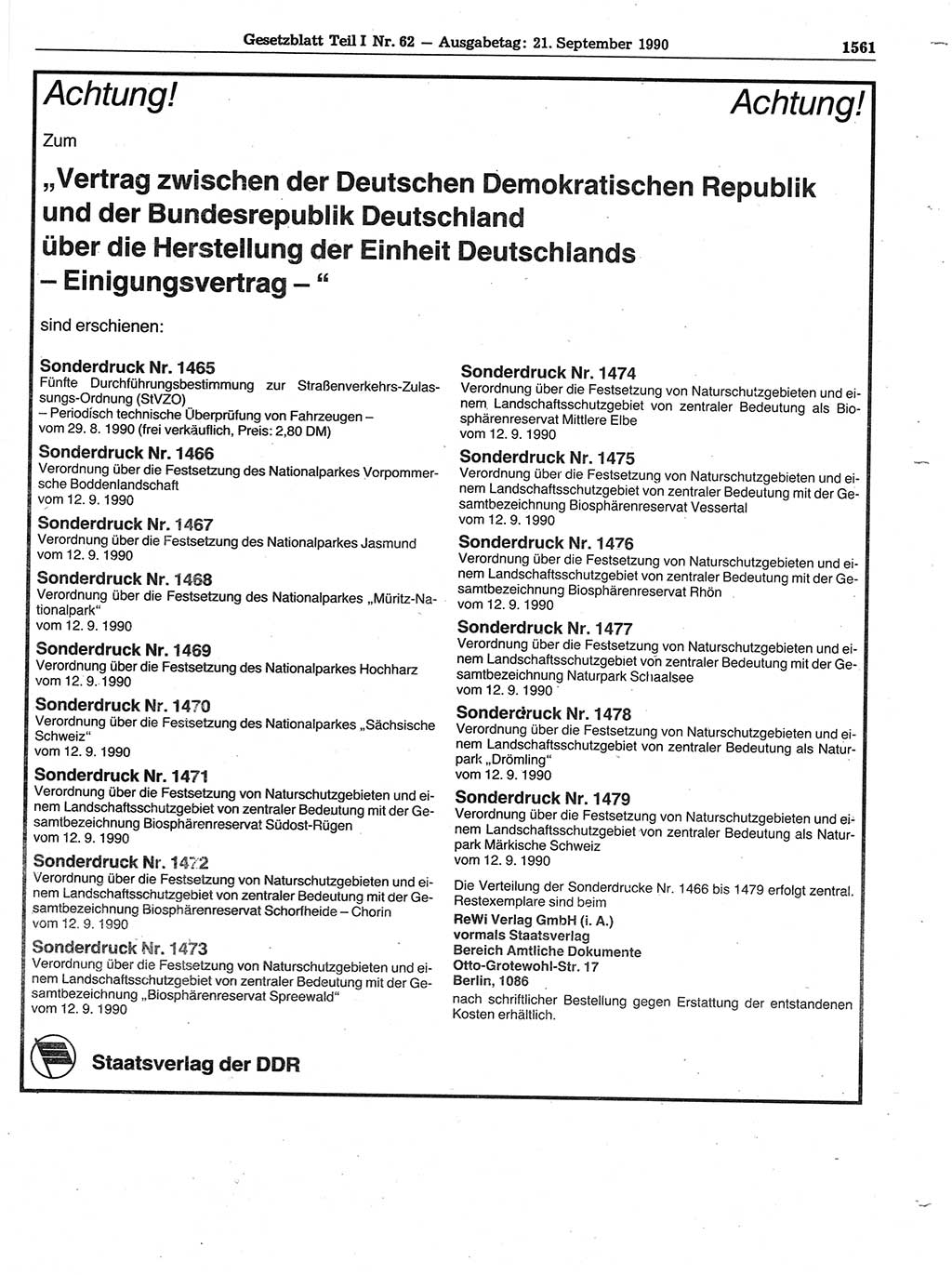 Gesetzblatt (GBl.) der Deutschen Demokratischen Republik (DDR) Teil Ⅰ 1990, Seite 1561 (GBl. DDR Ⅰ 1990, S. 1561)
