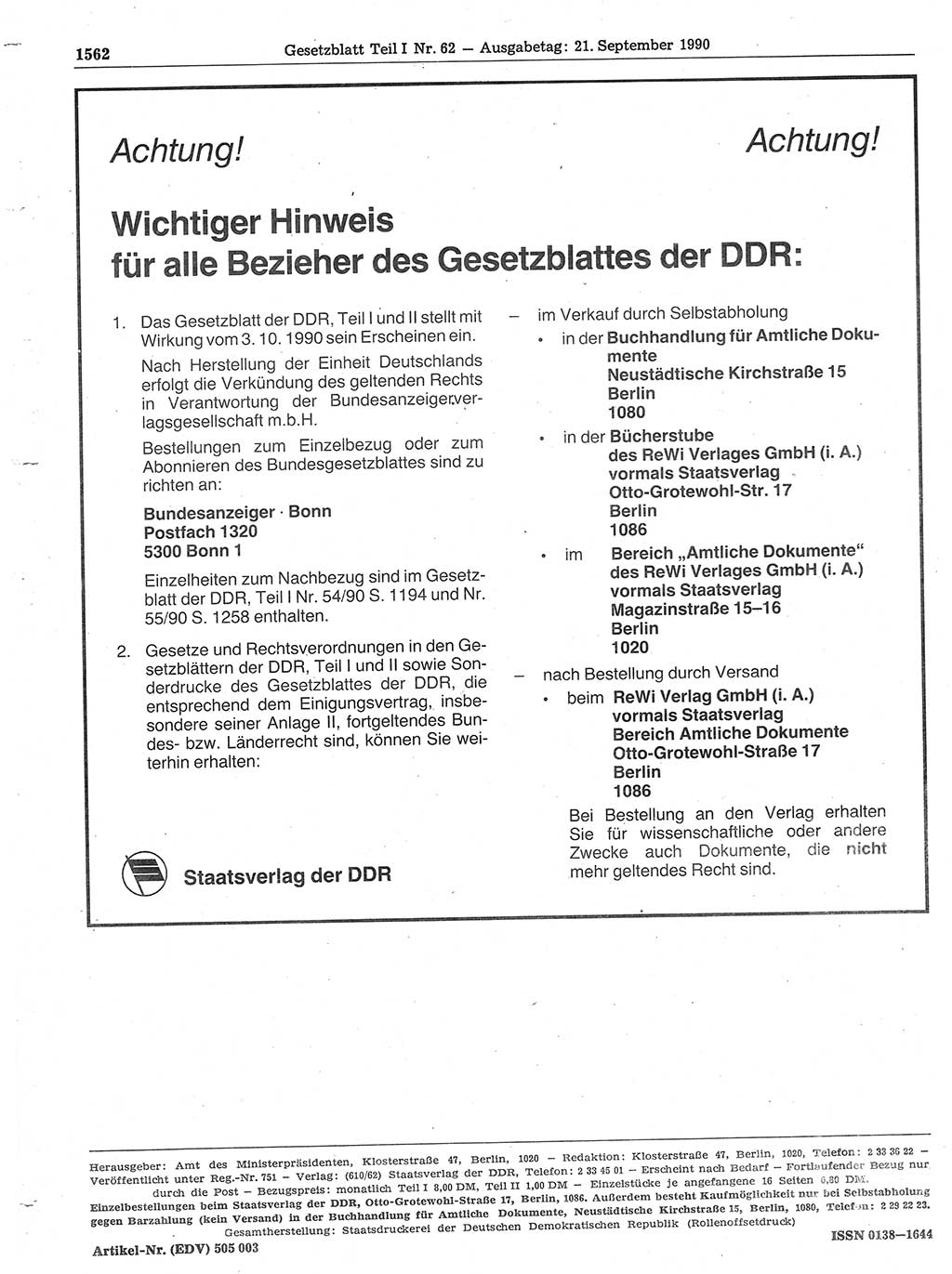 Gesetzblatt (GBl.) der Deutschen Demokratischen Republik (DDR) Teil Ⅰ 1990, Seite 1562 (GBl. DDR Ⅰ 1990, S. 1562)
