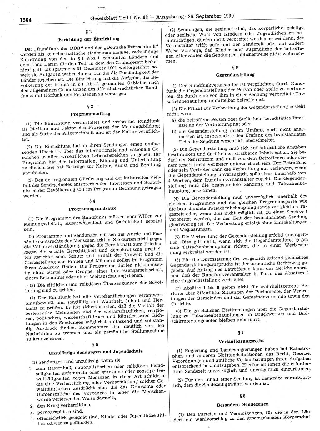Gesetzblatt (GBl.) der Deutschen Demokratischen Republik (DDR) Teil Ⅰ 1990, Seite 1564 (GBl. DDR Ⅰ 1990, S. 1564)