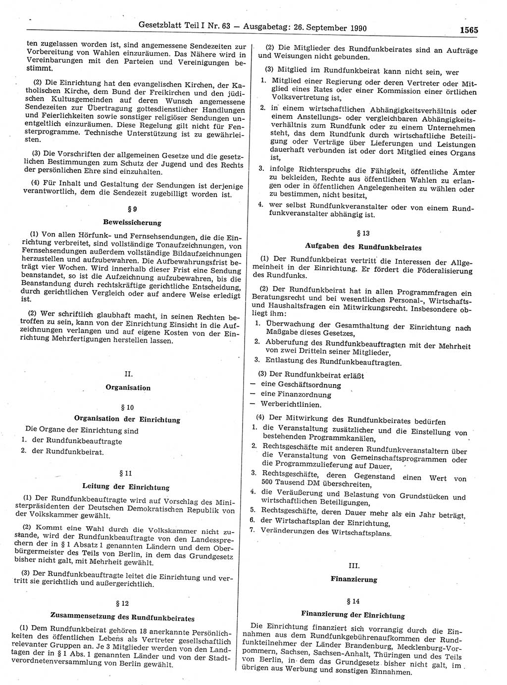 Gesetzblatt (GBl.) der Deutschen Demokratischen Republik (DDR) Teil Ⅰ 1990, Seite 1565 (GBl. DDR Ⅰ 1990, S. 1565)
