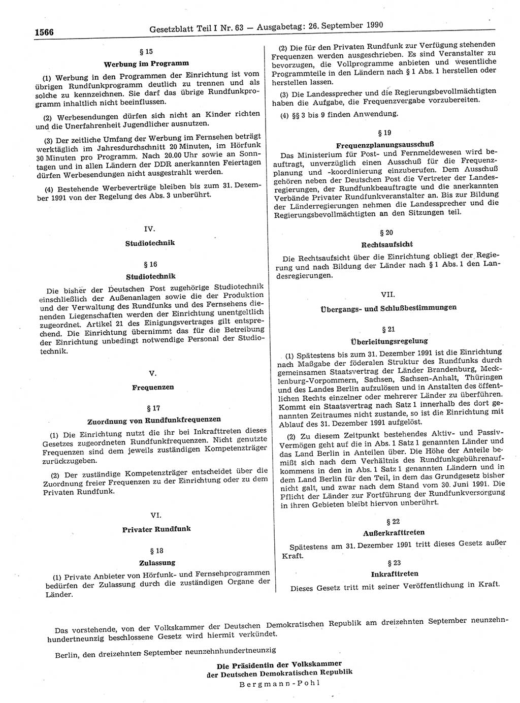 Gesetzblatt (GBl.) der Deutschen Demokratischen Republik (DDR) Teil Ⅰ 1990, Seite 1566 (GBl. DDR Ⅰ 1990, S. 1566)