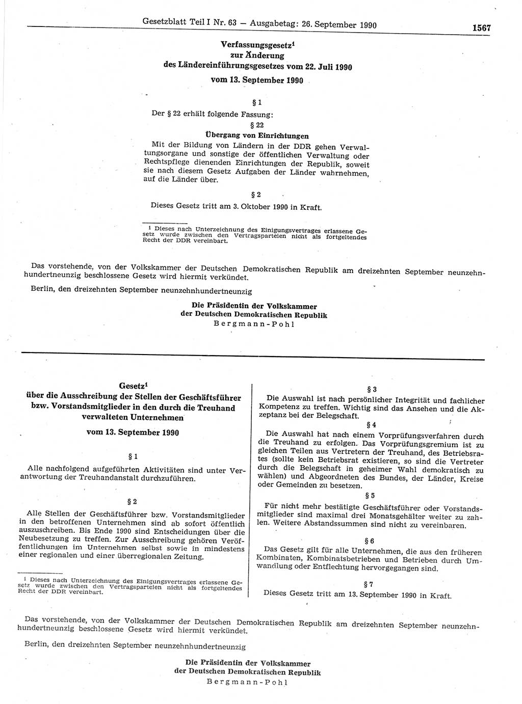 Gesetzblatt (GBl.) der Deutschen Demokratischen Republik (DDR) Teil Ⅰ 1990, Seite 1567 (GBl. DDR Ⅰ 1990, S. 1567)