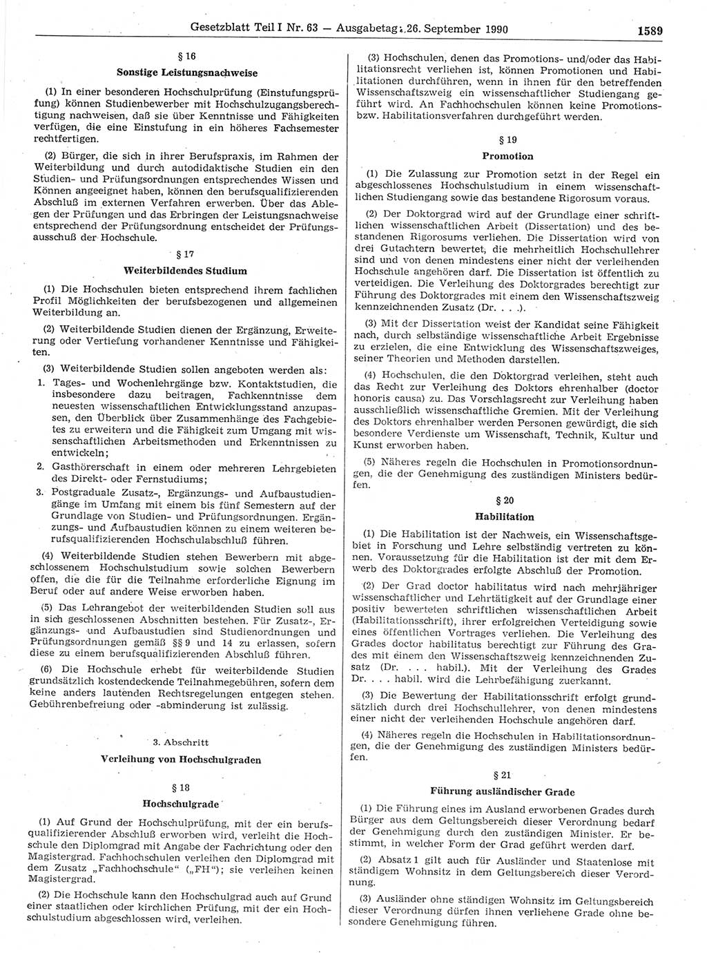 Gesetzblatt (GBl.) der Deutschen Demokratischen Republik (DDR) Teil Ⅰ 1990, Seite 1589 (GBl. DDR Ⅰ 1990, S. 1589)