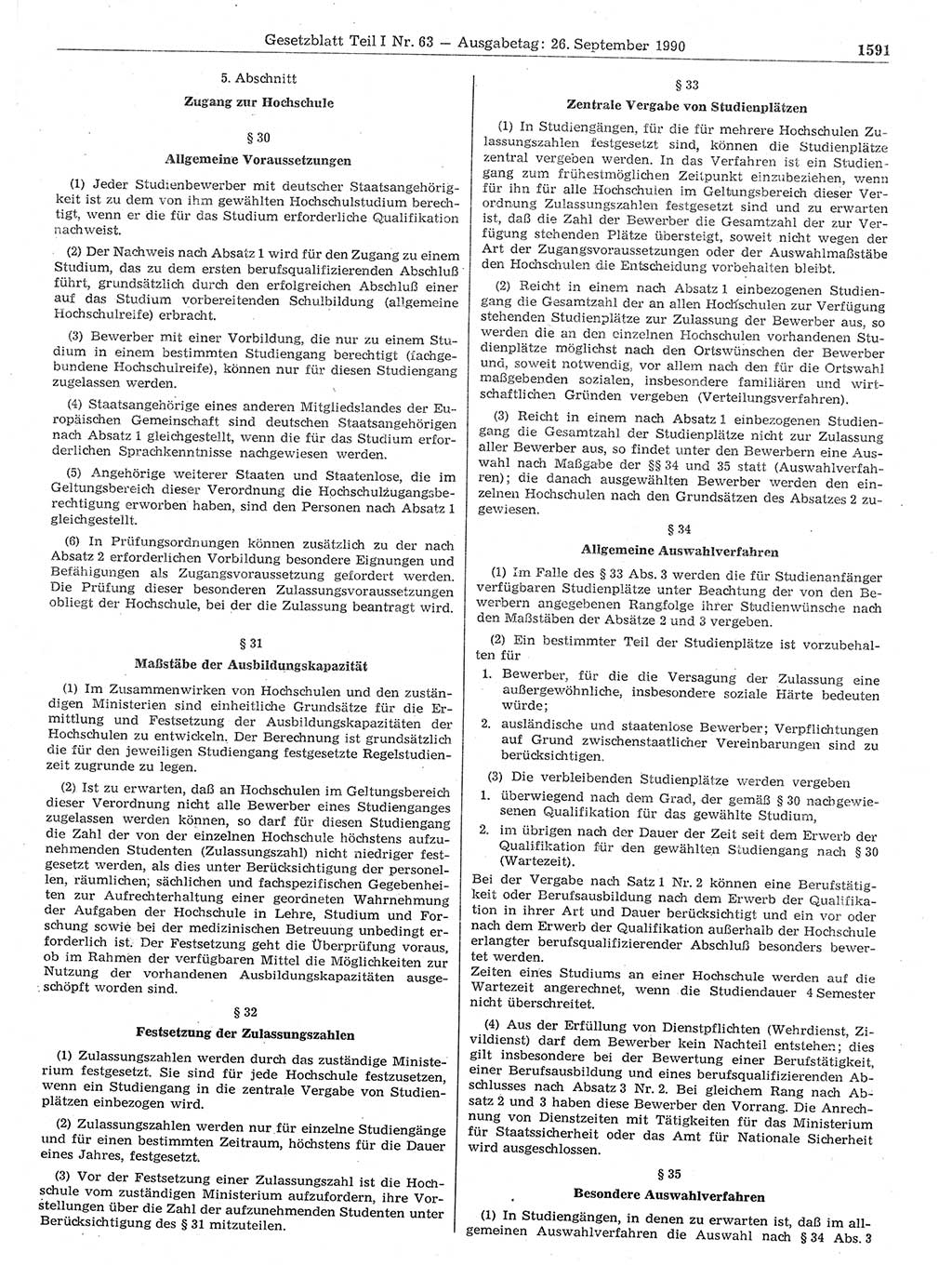 Gesetzblatt (GBl.) der Deutschen Demokratischen Republik (DDR) Teil Ⅰ 1990, Seite 1591 (GBl. DDR Ⅰ 1990, S. 1591)