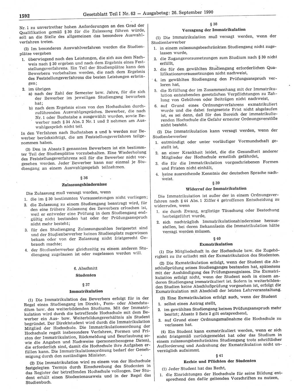 Gesetzblatt (GBl.) der Deutschen Demokratischen Republik (DDR) Teil Ⅰ 1990, Seite 1592 (GBl. DDR Ⅰ 1990, S. 1592)