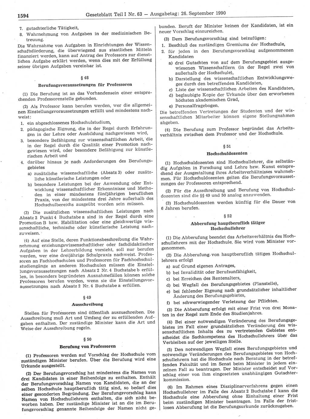 Gesetzblatt (GBl.) der Deutschen Demokratischen Republik (DDR) Teil Ⅰ 1990, Seite 1594 (GBl. DDR Ⅰ 1990, S. 1594)