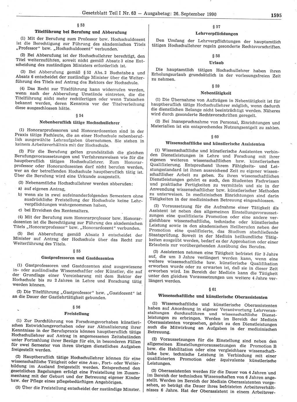 Gesetzblatt (GBl.) der Deutschen Demokratischen Republik (DDR) Teil Ⅰ 1990, Seite 1595 (GBl. DDR Ⅰ 1990, S. 1595)