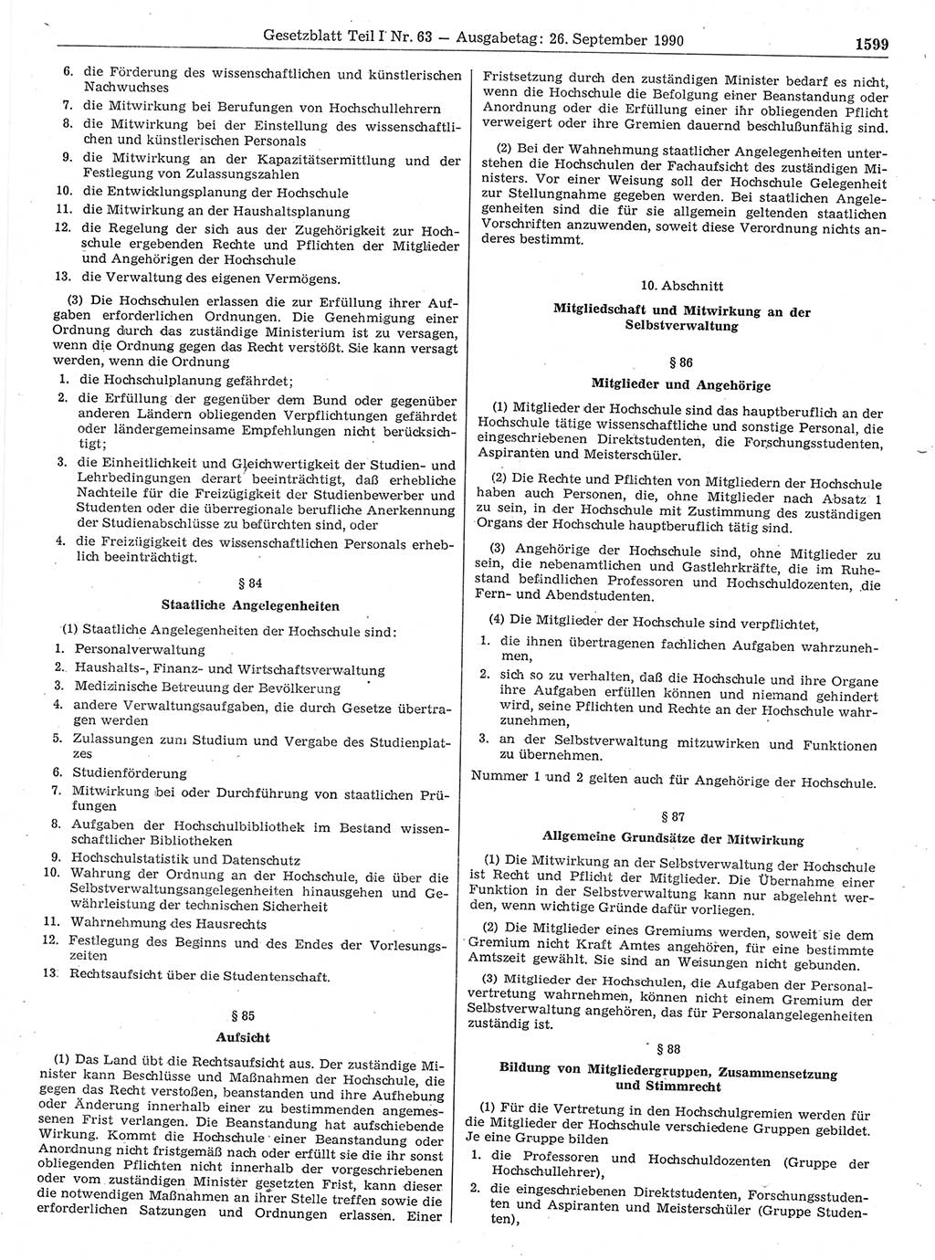 Gesetzblatt (GBl.) der Deutschen Demokratischen Republik (DDR) Teil Ⅰ 1990, Seite 1599 (GBl. DDR Ⅰ 1990, S. 1599)