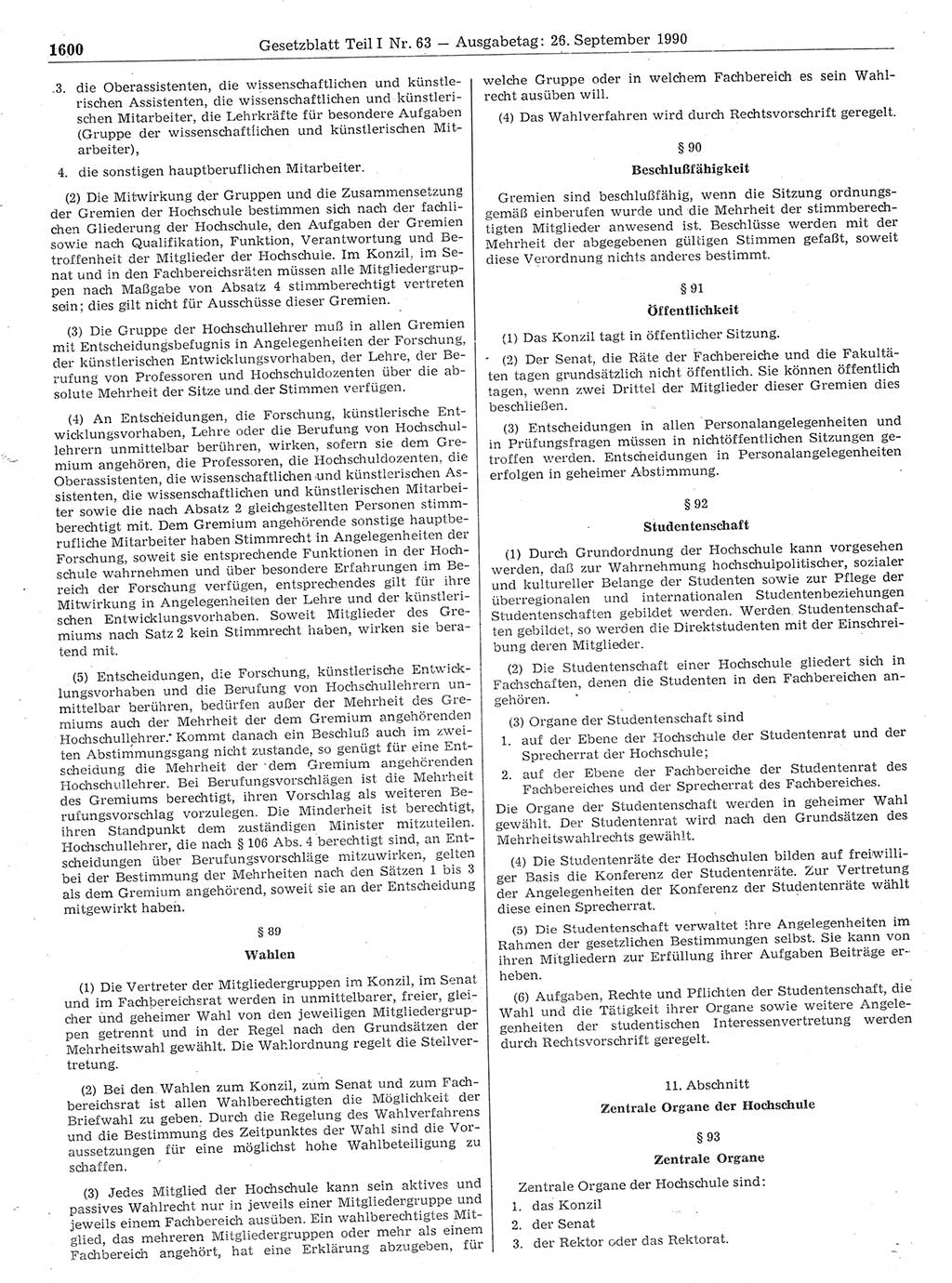 Gesetzblatt (GBl.) der Deutschen Demokratischen Republik (DDR) Teil Ⅰ 1990, Seite 1600 (GBl. DDR Ⅰ 1990, S. 1600)
