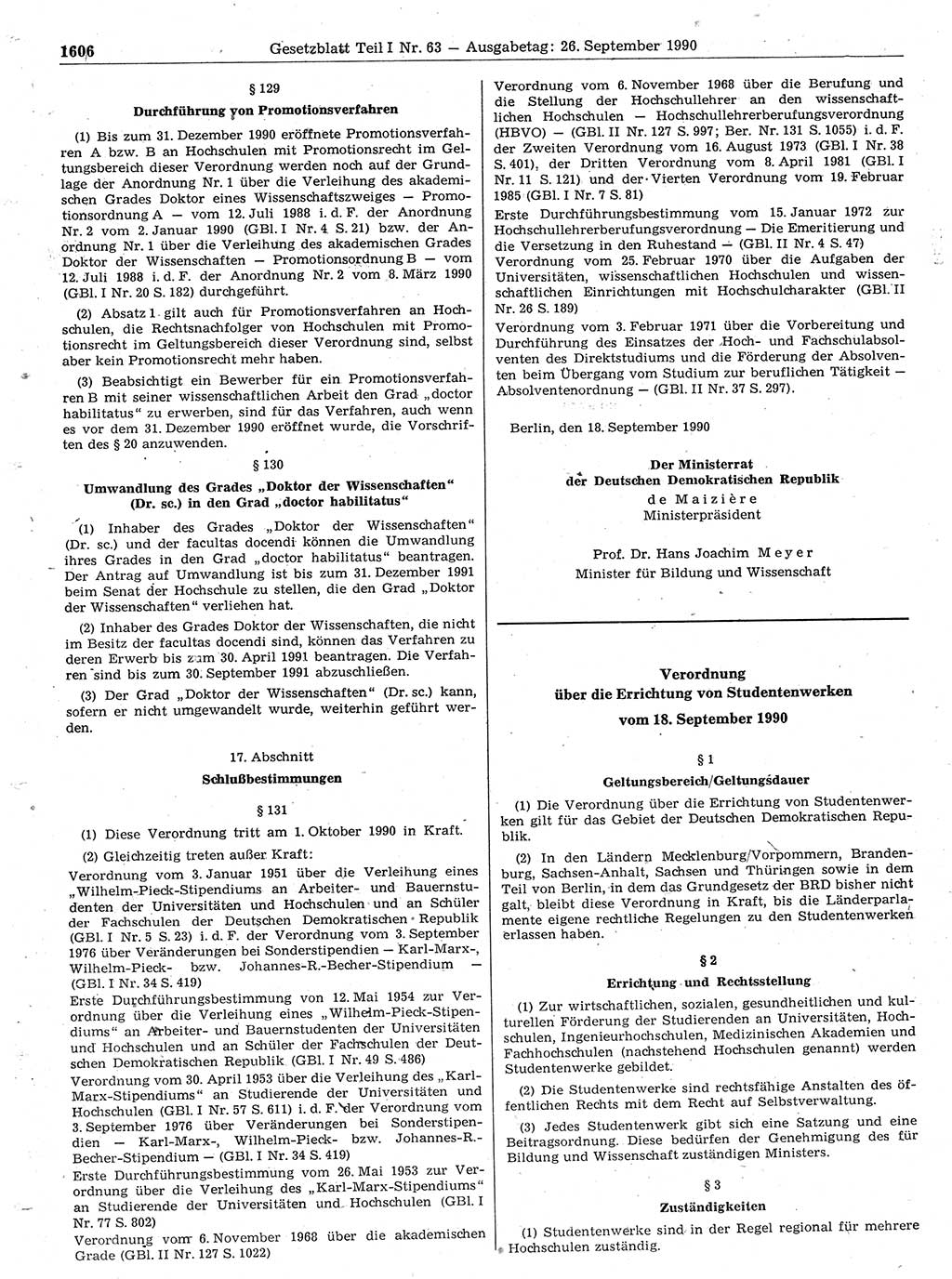 Gesetzblatt (GBl.) der Deutschen Demokratischen Republik (DDR) Teil Ⅰ 1990, Seite 1606 (GBl. DDR Ⅰ 1990, S. 1606)