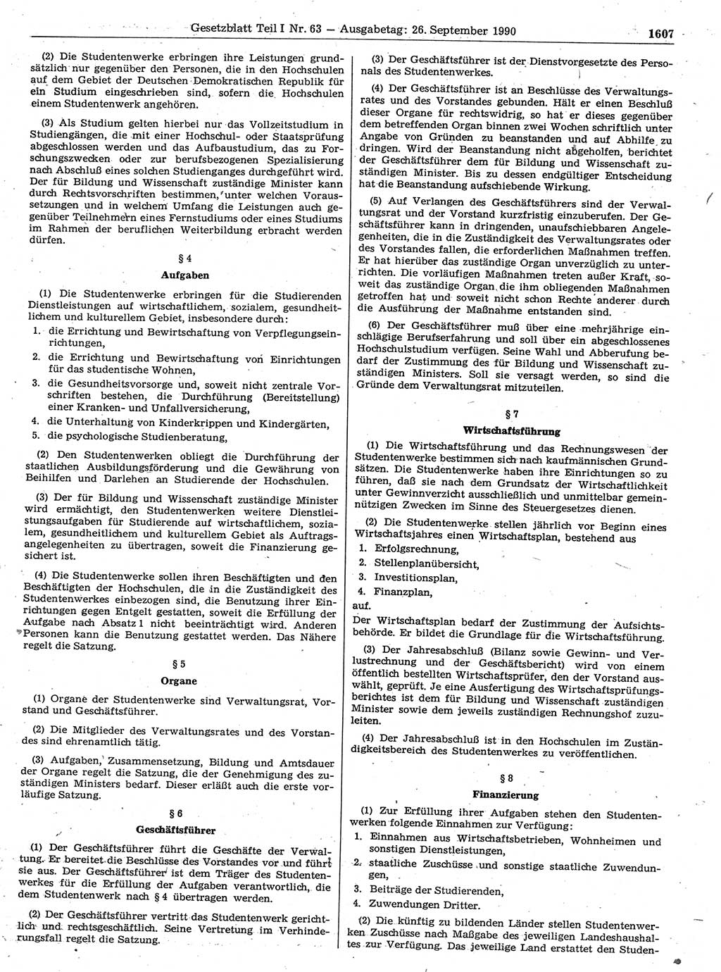 Gesetzblatt (GBl.) der Deutschen Demokratischen Republik (DDR) Teil Ⅰ 1990, Seite 1607 (GBl. DDR Ⅰ 1990, S. 1607)
