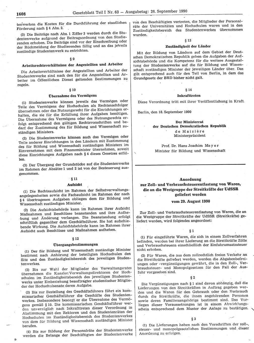 Gesetzblatt (GBl.) der Deutschen Demokratischen Republik (DDR) Teil Ⅰ 1990, Seite 1608 (GBl. DDR Ⅰ 1990, S. 1608)