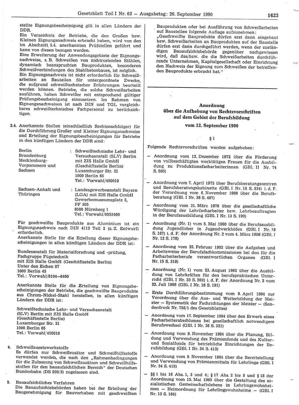 Gesetzblatt (GBl.) der Deutschen Demokratischen Republik (DDR) Teil Ⅰ 1990, Seite 1623 (GBl. DDR Ⅰ 1990, S. 1623)