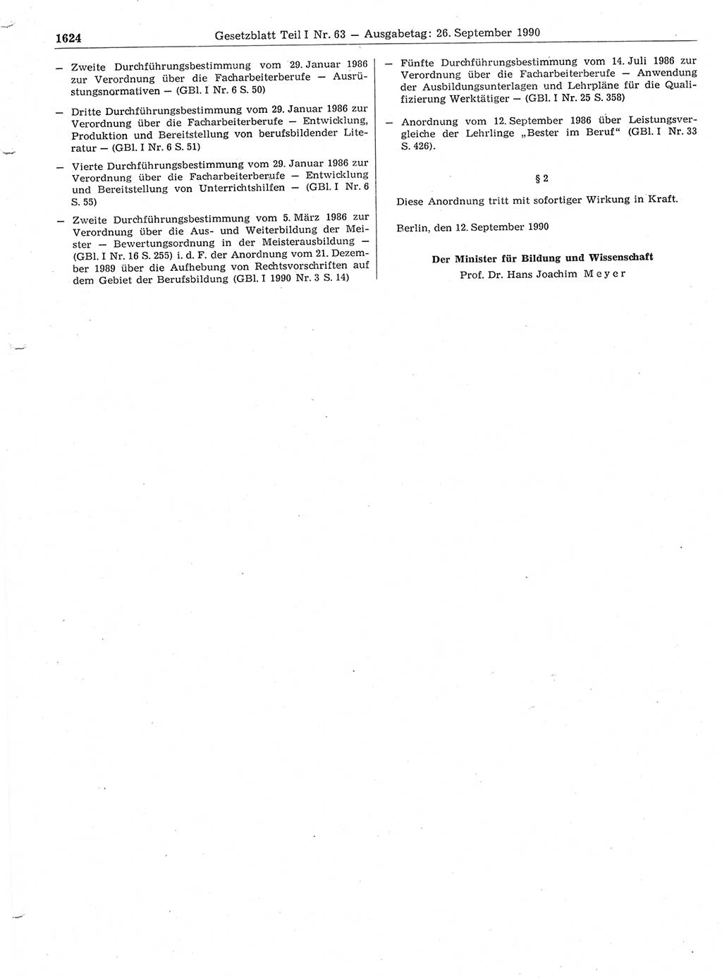 Gesetzblatt (GBl.) der Deutschen Demokratischen Republik (DDR) Teil Ⅰ 1990, Seite 1624 (GBl. DDR Ⅰ 1990, S. 1624)