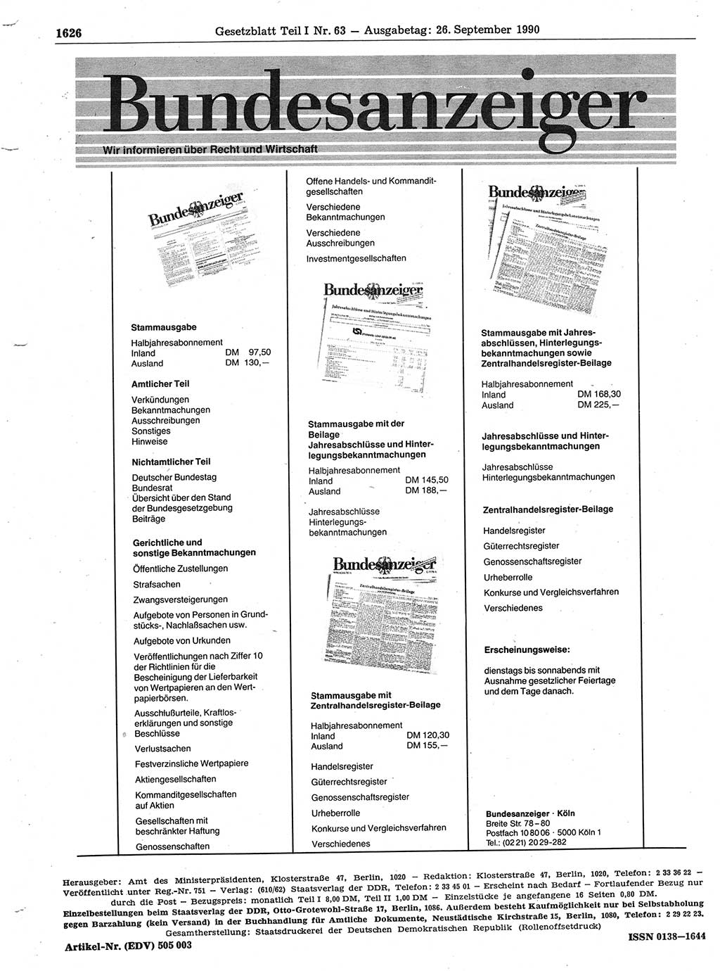 Gesetzblatt (GBl.) der Deutschen Demokratischen Republik (DDR) Teil Ⅰ 1990, Seite 1626 (GBl. DDR Ⅰ 1990, S. 1626)