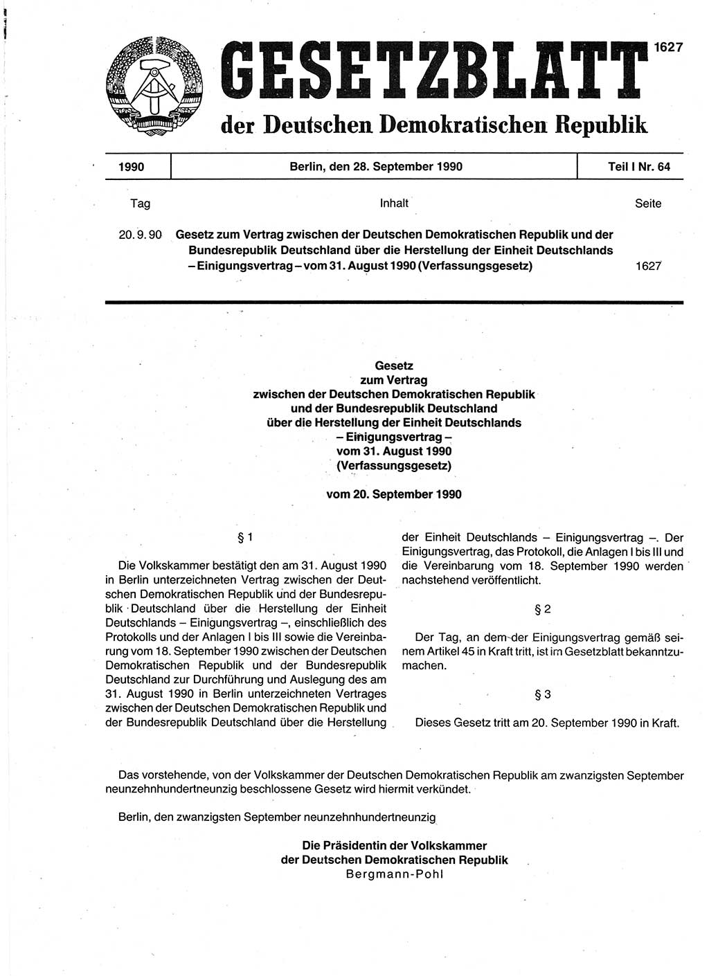 Gesetzblatt (GBl.) der Deutschen Demokratischen Republik (DDR) Teil Ⅰ 1990, Seite 1627 (GBl. DDR Ⅰ 1990, S. 1627)