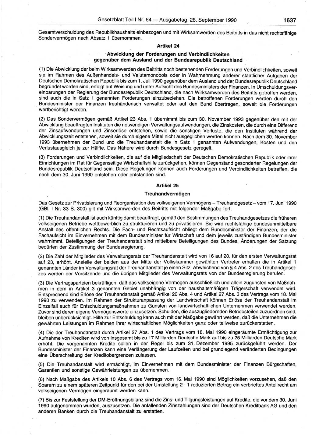 Gesetzblatt (GBl.) der Deutschen Demokratischen Republik (DDR) Teil Ⅰ 1990, Seite 1637 (GBl. DDR Ⅰ 1990, S. 1637)