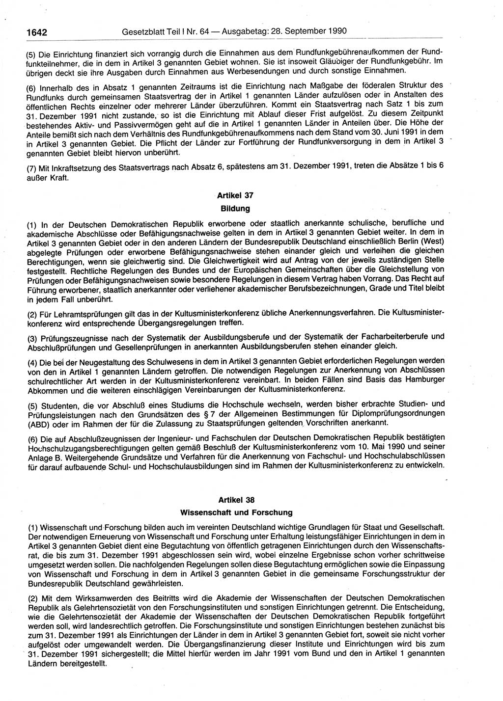 Gesetzblatt (GBl.) der Deutschen Demokratischen Republik (DDR) Teil Ⅰ 1990, Seite 1642 (GBl. DDR Ⅰ 1990, S. 1642)