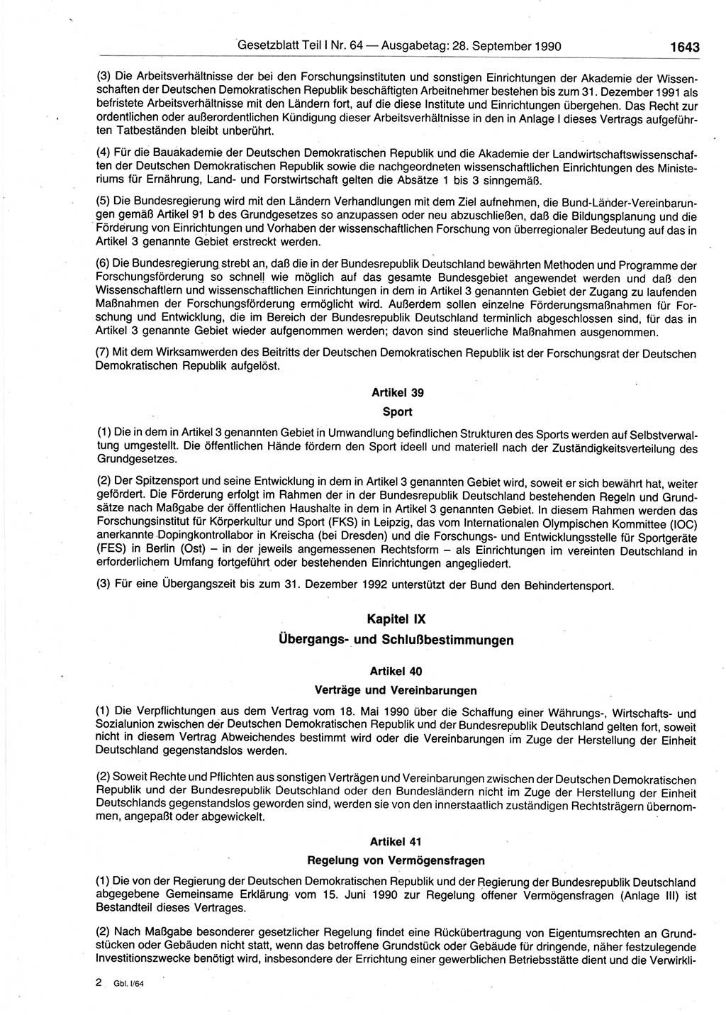 Gesetzblatt (GBl.) der Deutschen Demokratischen Republik (DDR) Teil Ⅰ 1990, Seite 1643 (GBl. DDR Ⅰ 1990, S. 1643)
