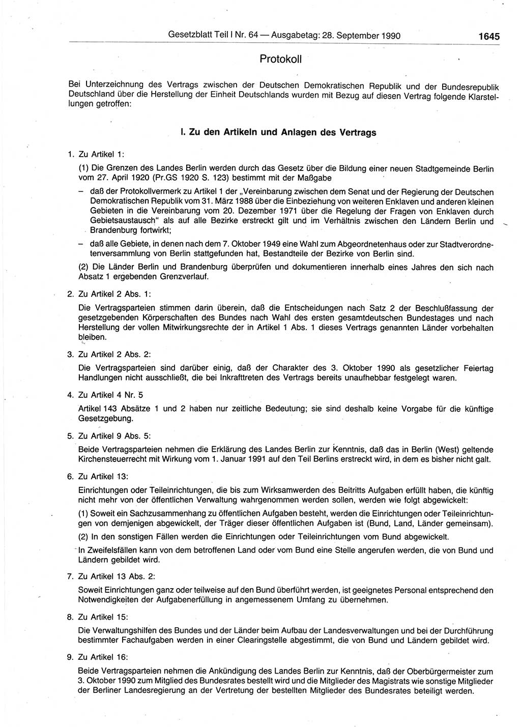 Gesetzblatt (GBl.) der Deutschen Demokratischen Republik (DDR) Teil Ⅰ 1990, Seite 1645 (GBl. DDR Ⅰ 1990, S. 1645)