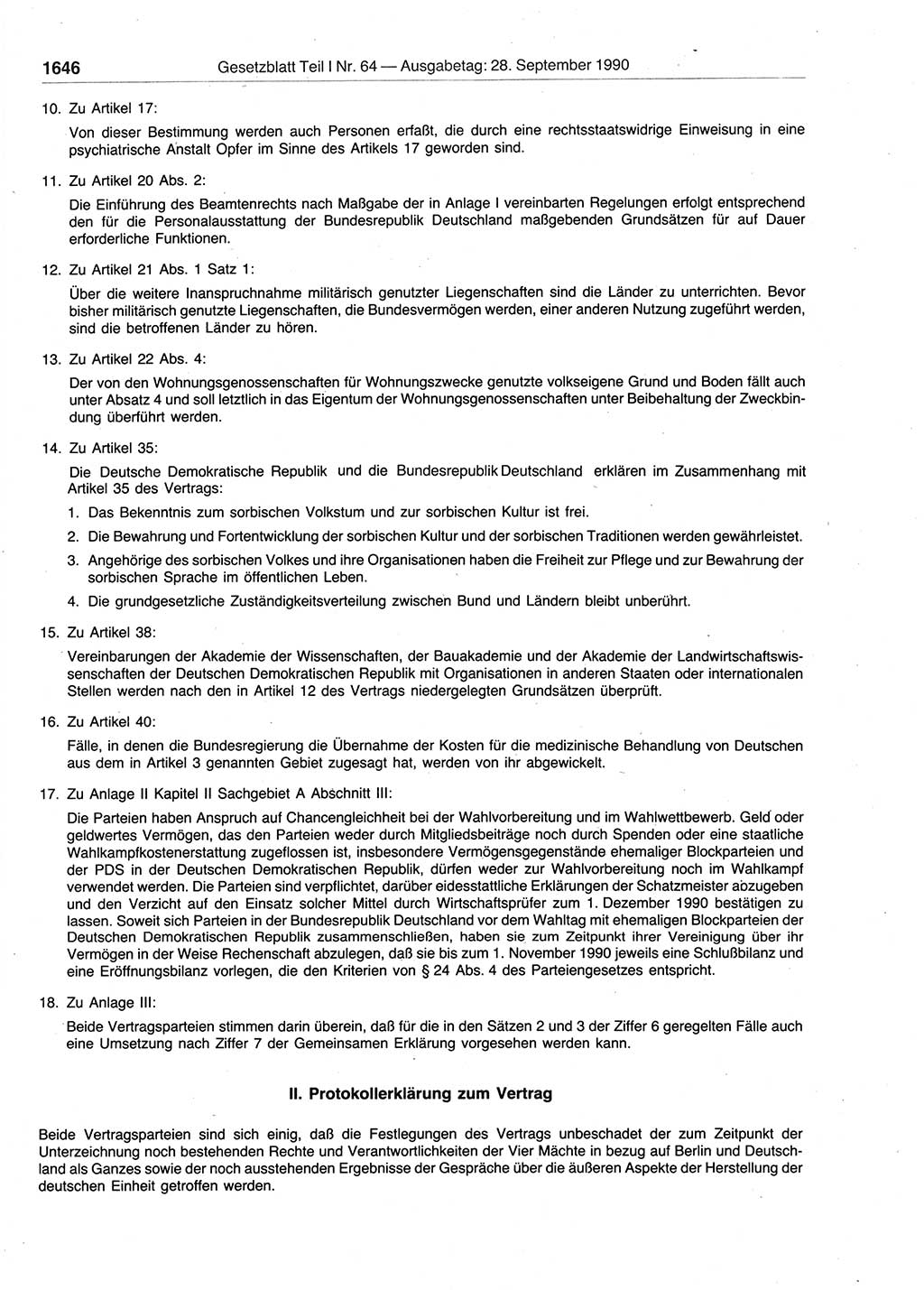 Gesetzblatt (GBl.) der Deutschen Demokratischen Republik (DDR) Teil Ⅰ 1990, Seite 1646 (GBl. DDR Ⅰ 1990, S. 1646)