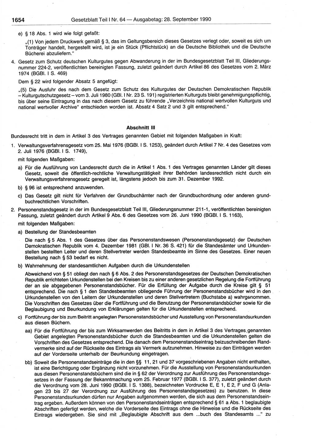 Gesetzblatt (GBl.) der Deutschen Demokratischen Republik (DDR) Teil Ⅰ 1990, Seite 1654 (GBl. DDR Ⅰ 1990, S. 1654)