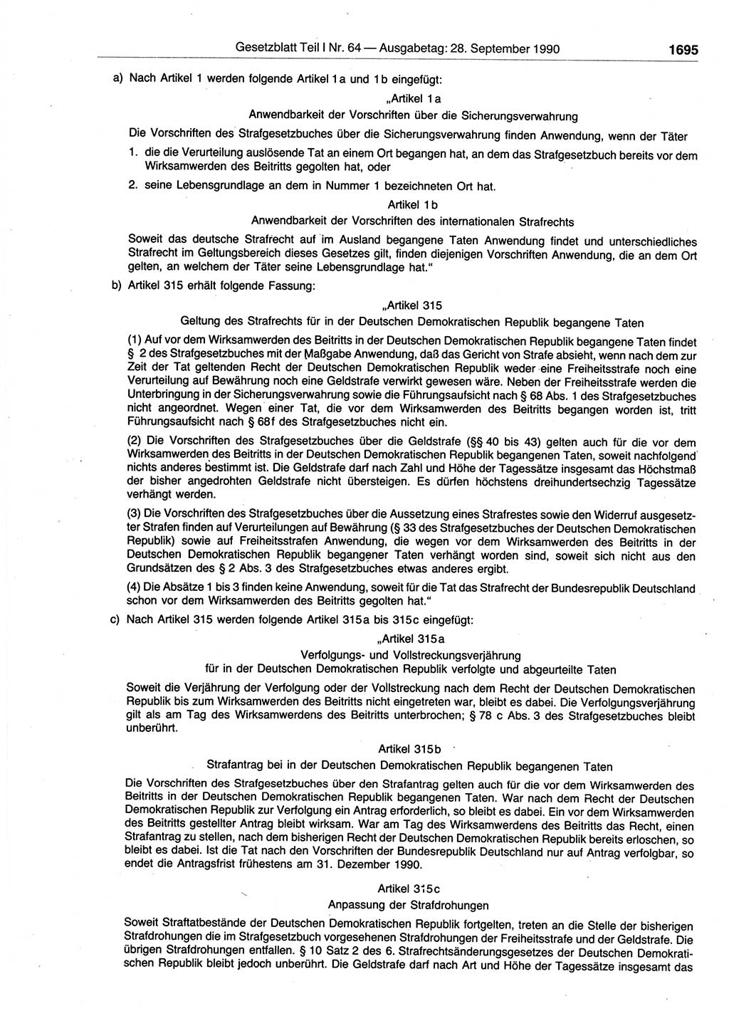 Gesetzblatt (GBl.) der Deutschen Demokratischen Republik (DDR) Teil Ⅰ 1990, Seite 1695 (GBl. DDR Ⅰ 1990, S. 1695)