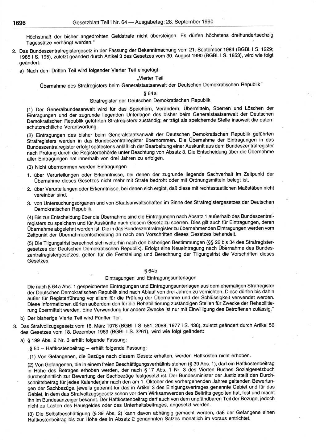 Gesetzblatt (GBl.) der Deutschen Demokratischen Republik (DDR) Teil Ⅰ 1990, Seite 1696 (GBl. DDR Ⅰ 1990, S. 1696)