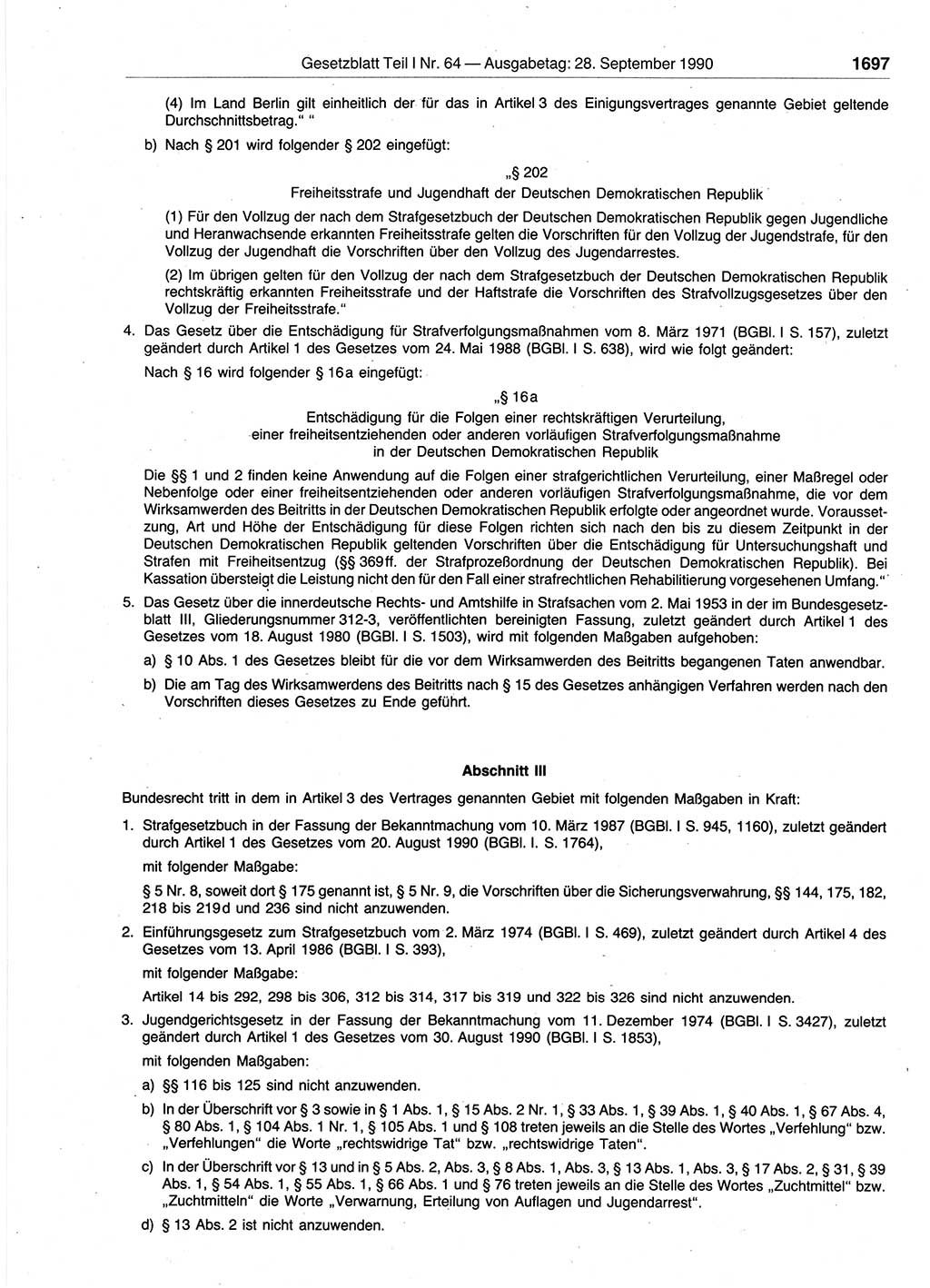 Gesetzblatt (GBl.) der Deutschen Demokratischen Republik (DDR) Teil Ⅰ 1990, Seite 1697 (GBl. DDR Ⅰ 1990, S. 1697)