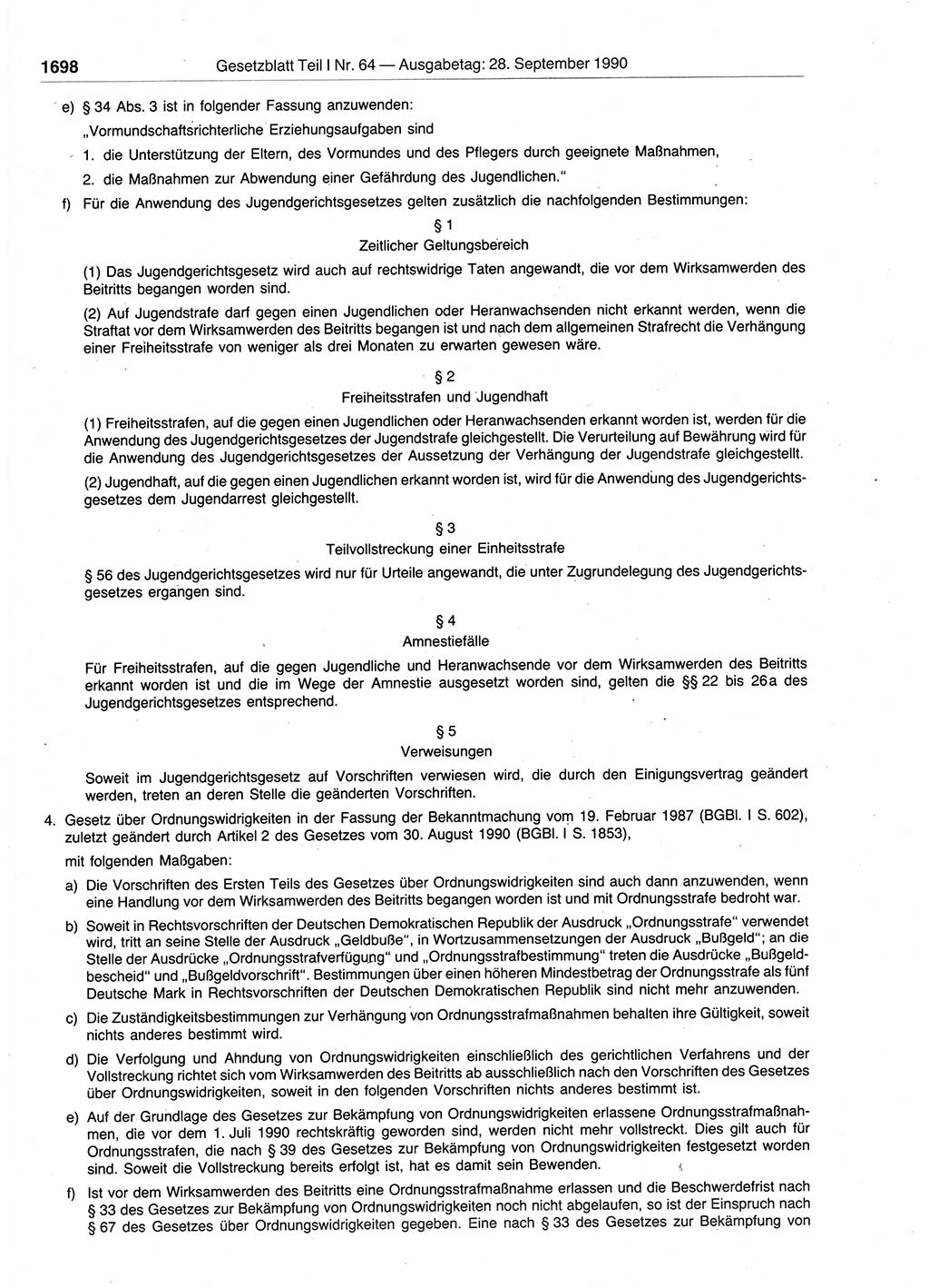 Gesetzblatt (GBl.) der Deutschen Demokratischen Republik (DDR) Teil Ⅰ 1990, Seite 1698 (GBl. DDR Ⅰ 1990, S. 1698)