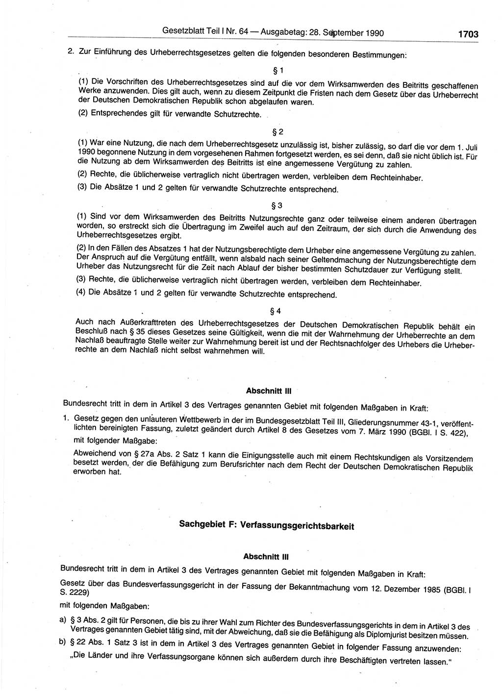 Gesetzblatt (GBl.) der Deutschen Demokratischen Republik (DDR) Teil Ⅰ 1990, Seite 1703 (GBl. DDR Ⅰ 1990, S. 1703)