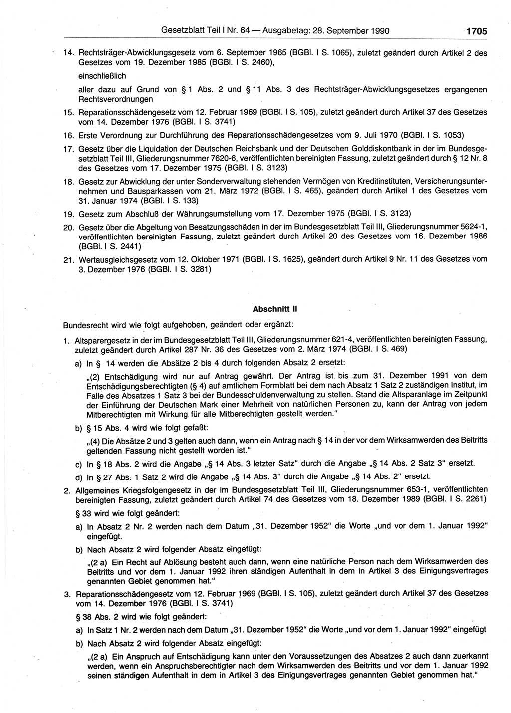 Gesetzblatt (GBl.) der Deutschen Demokratischen Republik (DDR) Teil Ⅰ 1990, Seite 1705 (GBl. DDR Ⅰ 1990, S. 1705)