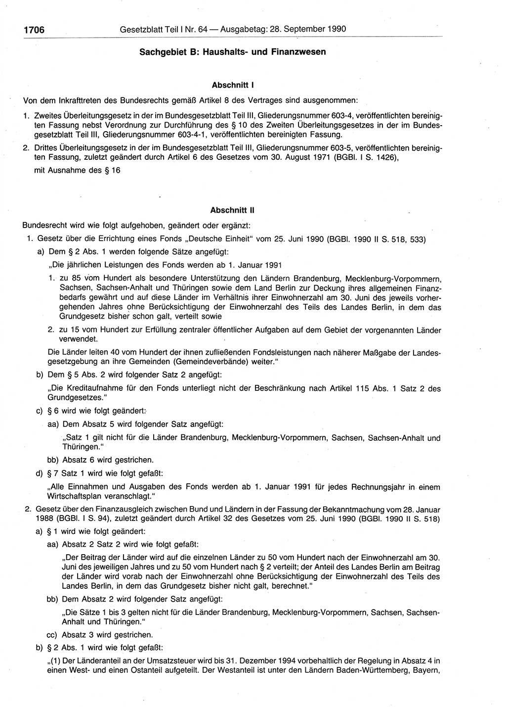 Gesetzblatt (GBl.) der Deutschen Demokratischen Republik (DDR) Teil Ⅰ 1990, Seite 1706 (GBl. DDR Ⅰ 1990, S. 1706)