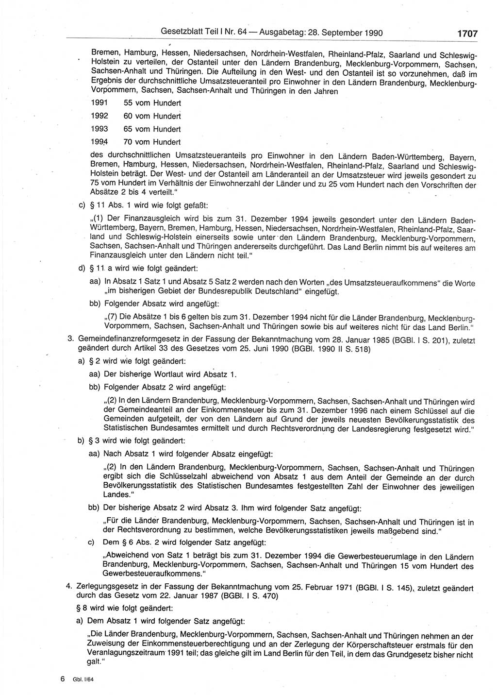 Gesetzblatt (GBl.) der Deutschen Demokratischen Republik (DDR) Teil Ⅰ 1990, Seite 1707 (GBl. DDR Ⅰ 1990, S. 1707)