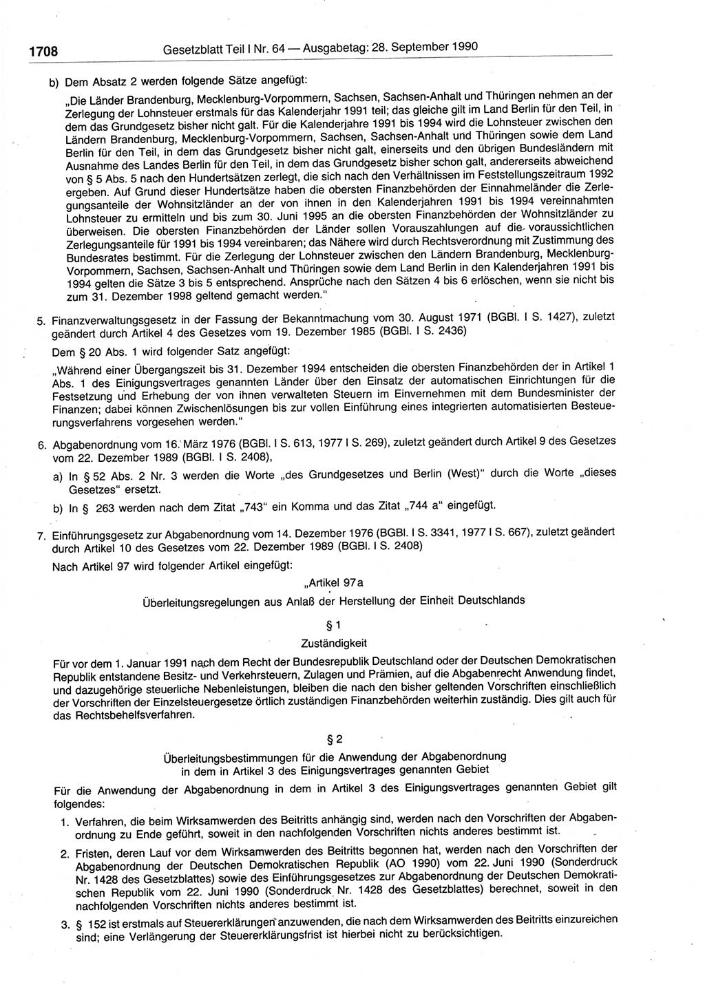 Gesetzblatt (GBl.) der Deutschen Demokratischen Republik (DDR) Teil Ⅰ 1990, Seite 1708 (GBl. DDR Ⅰ 1990, S. 1708)