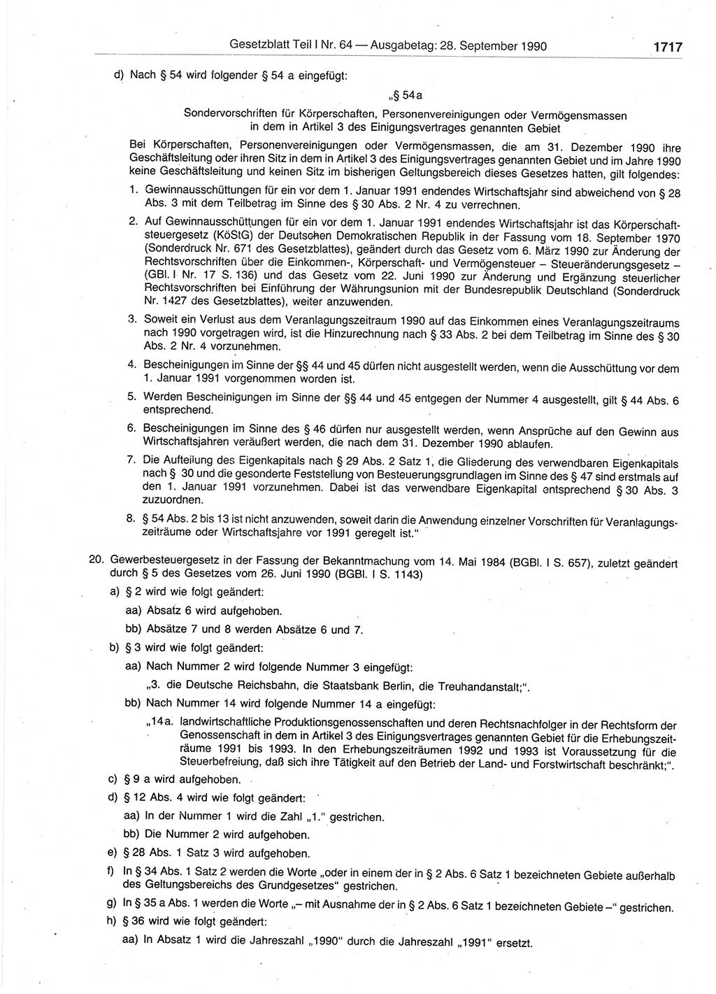 Gesetzblatt (GBl.) der Deutschen Demokratischen Republik (DDR) Teil Ⅰ 1990, Seite 1717 (GBl. DDR Ⅰ 1990, S. 1717)